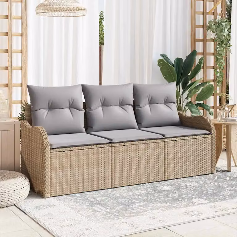 Set Divano da Giardino 3 pz vidaXL in Polyrattan Beige con Cuscini e Struttura in Acciaio Verniciato a Polvere