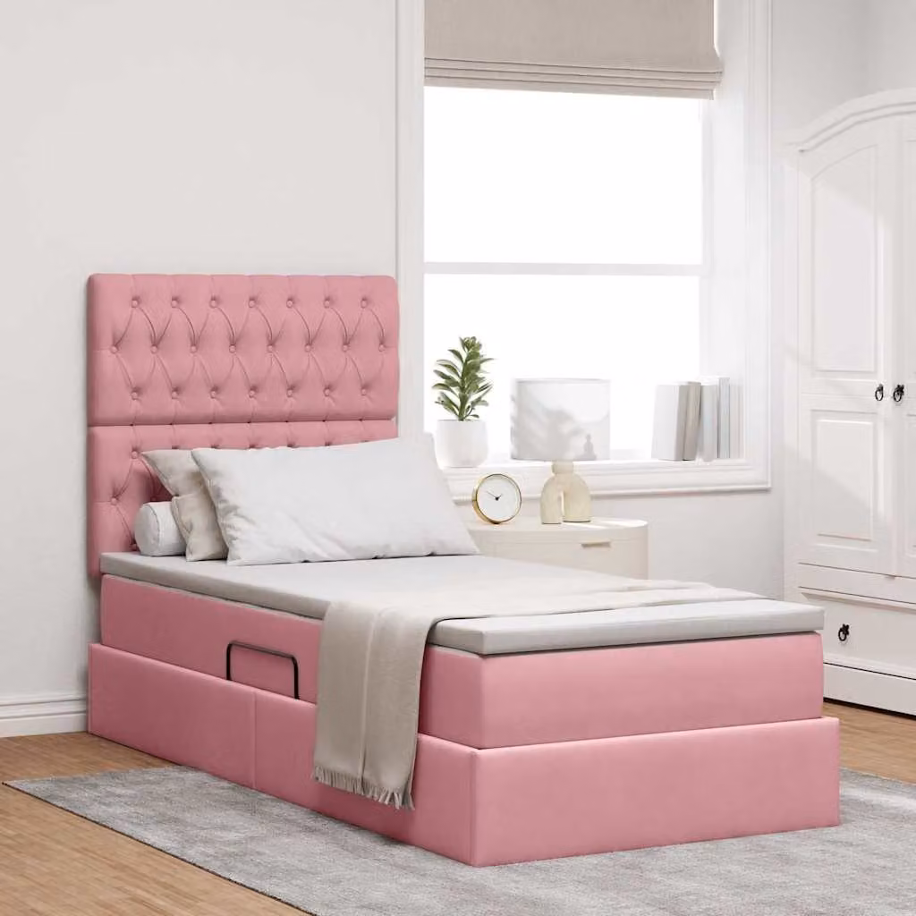 Letto con contenitore e illuminazione LED vidaXL in velluto rosa, L/P/H: 200 x 90 x 128 cm – 1