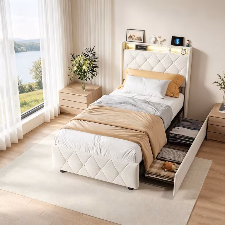 Letto contenitore con boxspring, imbottito, 90x200 cm, con LED e porte USB/C. Letto singolo con 2 cassetti e rete a doghe. Struttura del letto con testiera contenitore, rivestita in velluto color beige