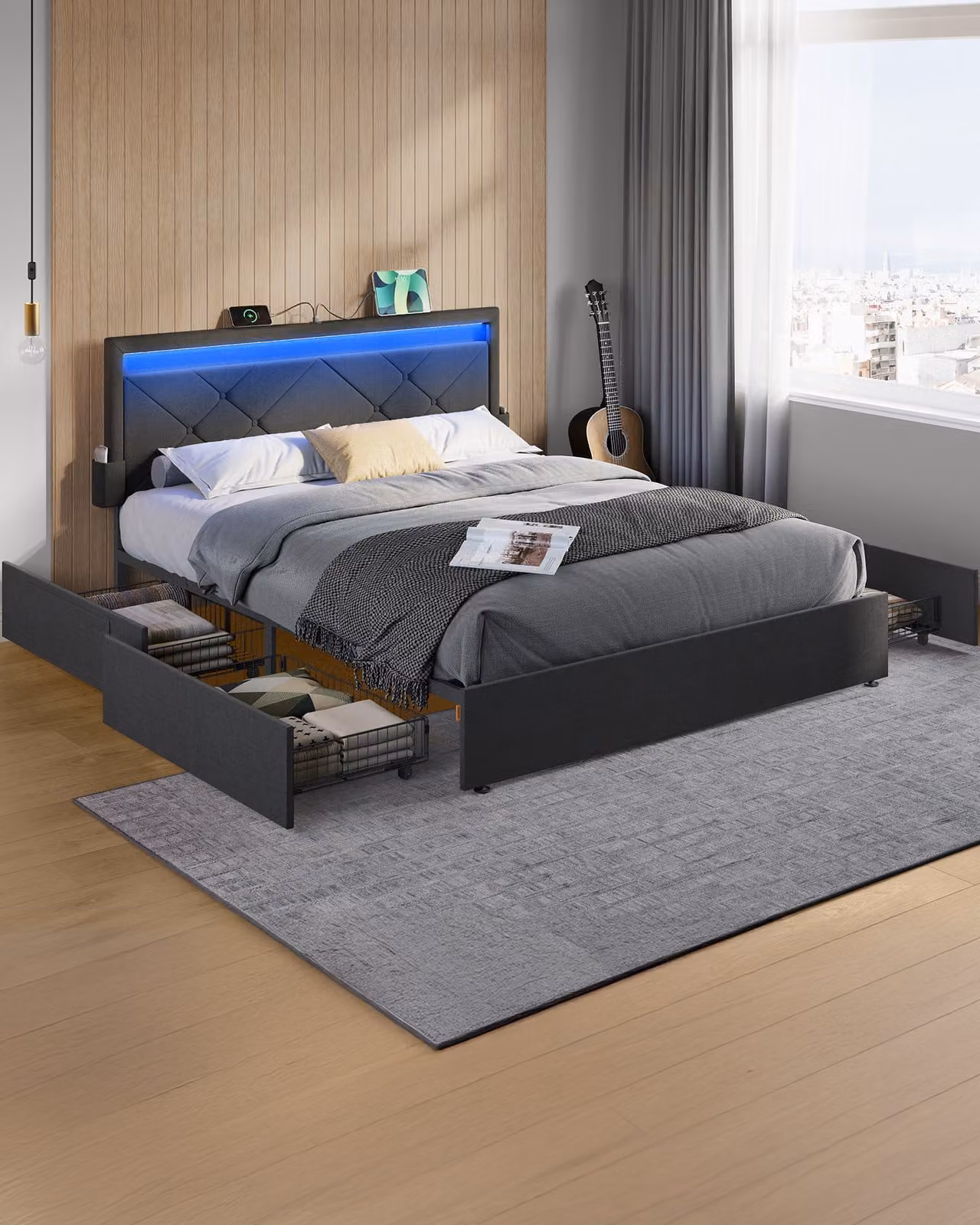 Struttura letto matrimoniale VASAGLE, 160 x 200 cm, LED, letto in metallo, 4 cassetti, stazione di ricarica, testiera imbottita regolabile, grigio ardesia