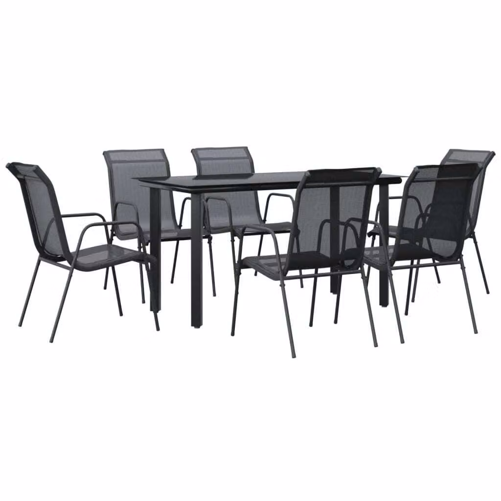 Set da Pranzo da Giardino 7 pz Nero in Acciaio e Textilene