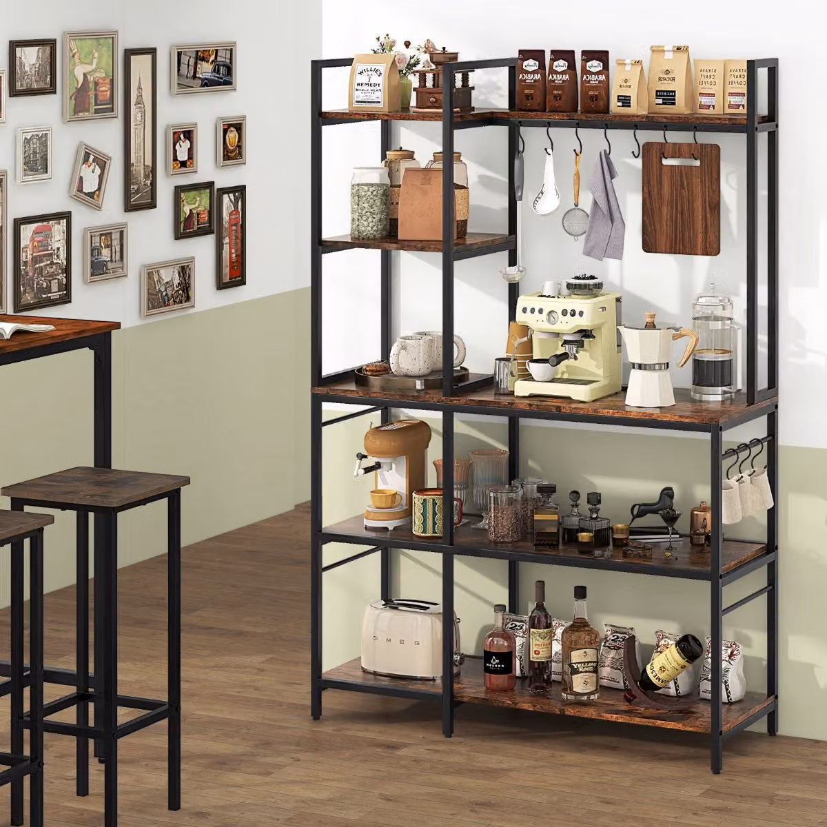 Costway Scaffale da cucina con prese di corrente e 5 ripiani, Tavolo bar in metallo e legno Marrone rustico, L 107 cm x P 37 cm x H 160 cm – 1