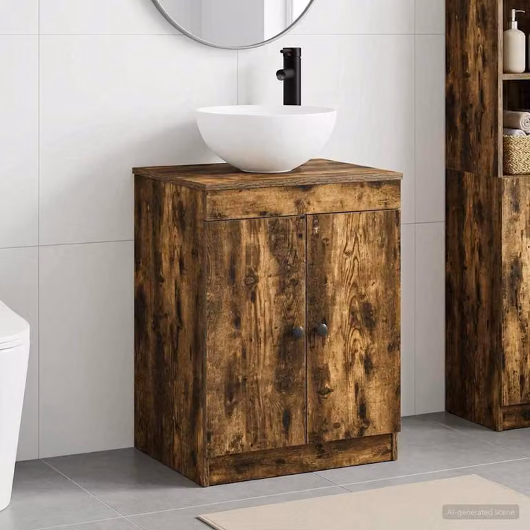Set di mobili per il bagno moderno vidaXL in legno e metallo color rovere fumo con base freestanding e vanità L: 70,0 cm, P: 41,0 cm, H: 54,0 cm