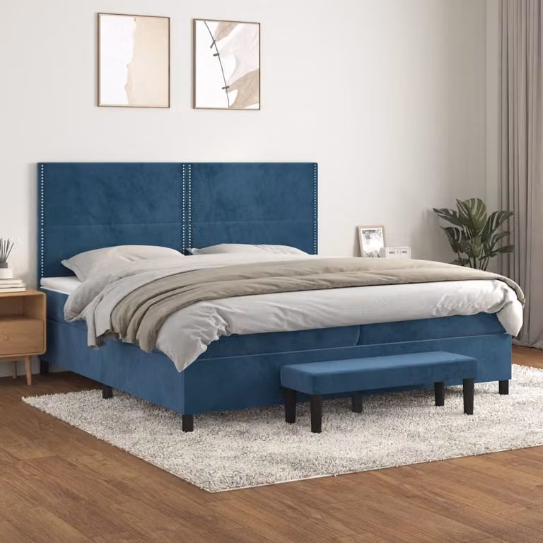 vidaXL Letto Ibrido con Giroletto a Molle e Materasso in Velluto Blu Scuro, L/P: 200 x 200 cm