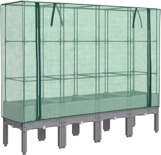 Letto rialzato con copertura a serra effetto rattan DESIGN IN per orto e giardino, L 160 x P 40 x H 140 cm, Grigio e Verde