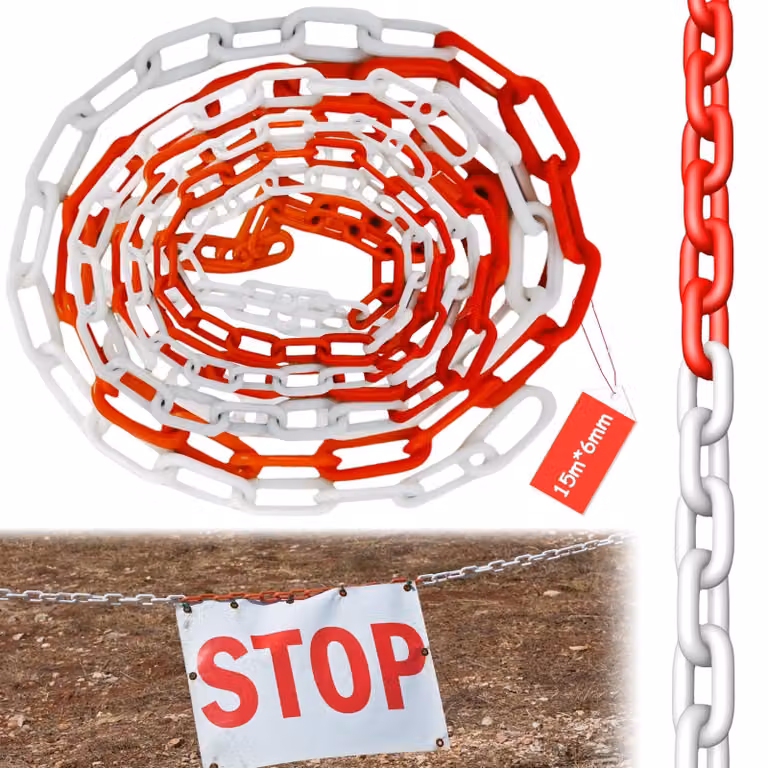 Catena di avvertimento in plastica, 15 metri x 6 mm - Catena di sicurezza - Barriera di sicurezza - Resistente - Resistente agli agenti atmosferici - Resistente ai raggi UV