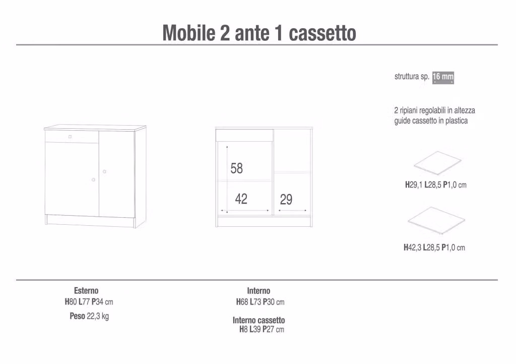 Mobile GIORDANOSHOP con 2 Ante e 1 Cassetto, Colore Eucalipto, L: 77 cm, H: 80 cm, P: 34 cm – 2