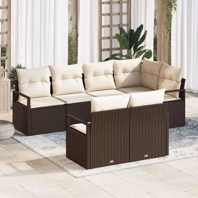 Set Divano da Giardino a L vidaXL in Polyrattan Marrone e Bianco con Cuscini e Copertura per Esterno