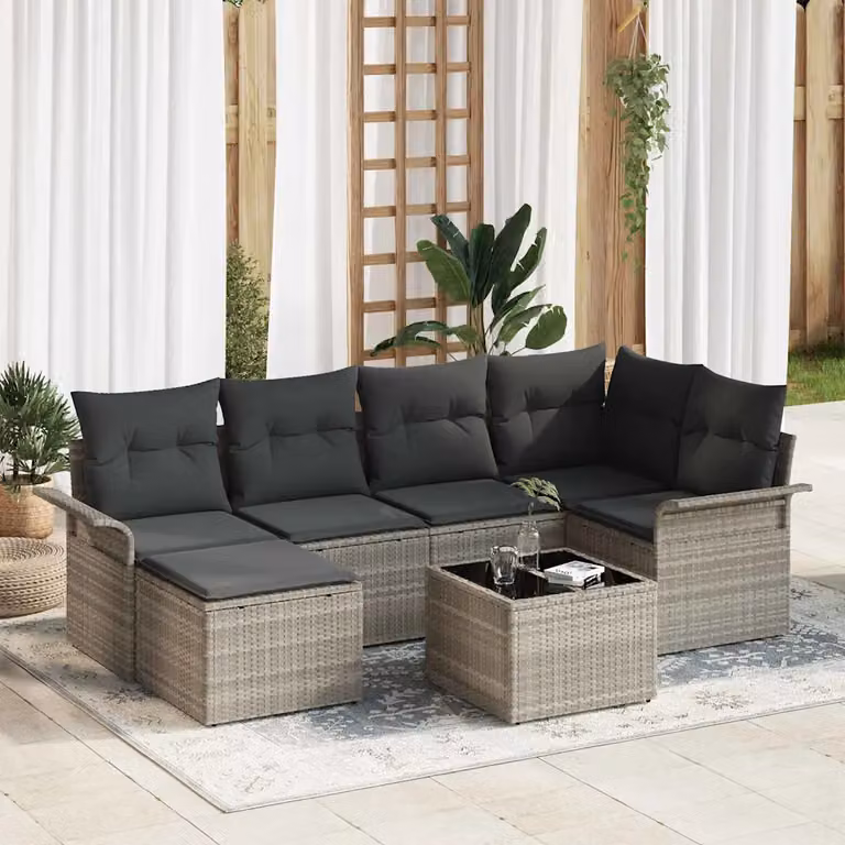 Set Divano da Giardino vidaXL 7 Pezzi a Forma di L Grigio con Cuscini e Tavolino da Esterno in Polyrattan e Acciaio