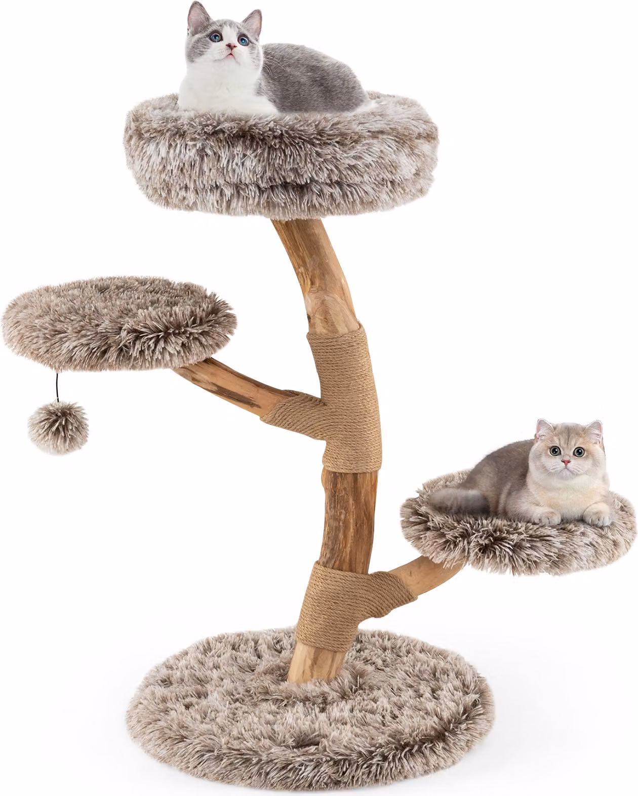 COSTWAY 90cm tiragraffi in legno massiccio, albero per gatti con 4 sedute in peluche, palla e tiragraffi, torre per gatti, tiragraffi per gatti, marrone