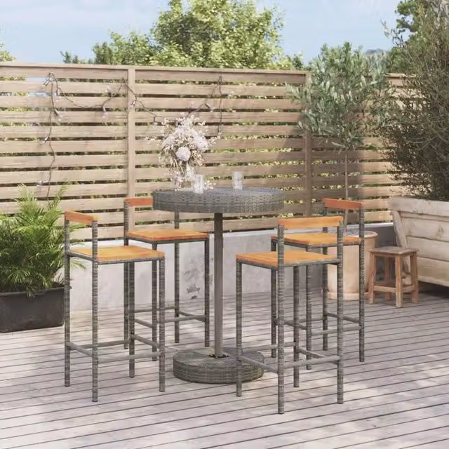 Set Bar Giardino 5pz Grigio Polyrattan e Legno Massello Acacia 3187721