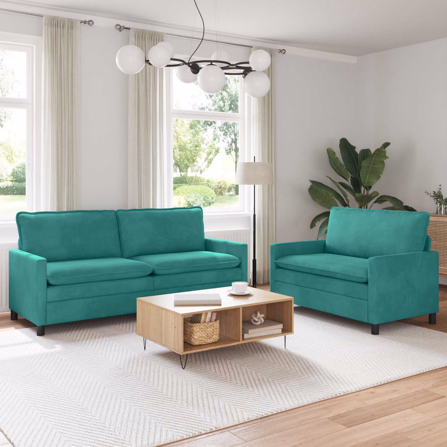 Set di 2 divani moderni vidaXL in velluto turchese con struttura in metallo e cuscini inclusi