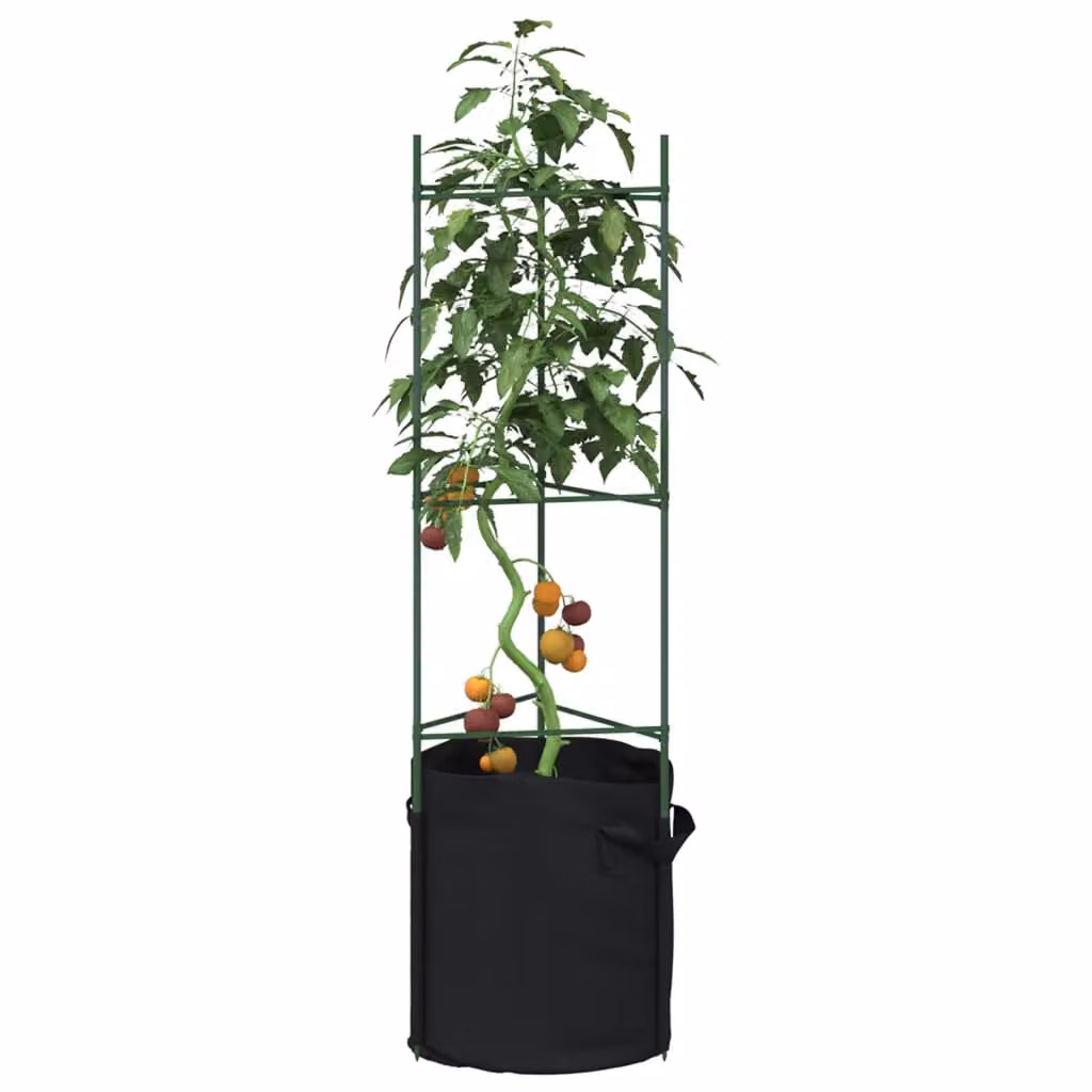 Set di 4 sostegni per pomodori vidaXL con sacchetti per piante in acciaio e plastica, colore verde e nero, Altezza: 116 cm