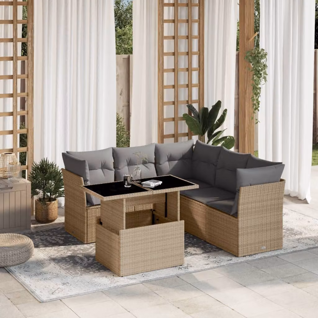 Set Divano da Giardino vidaXL 6 pz a Forma L con Cuscini Beige e Tavolino in Vetro – 1