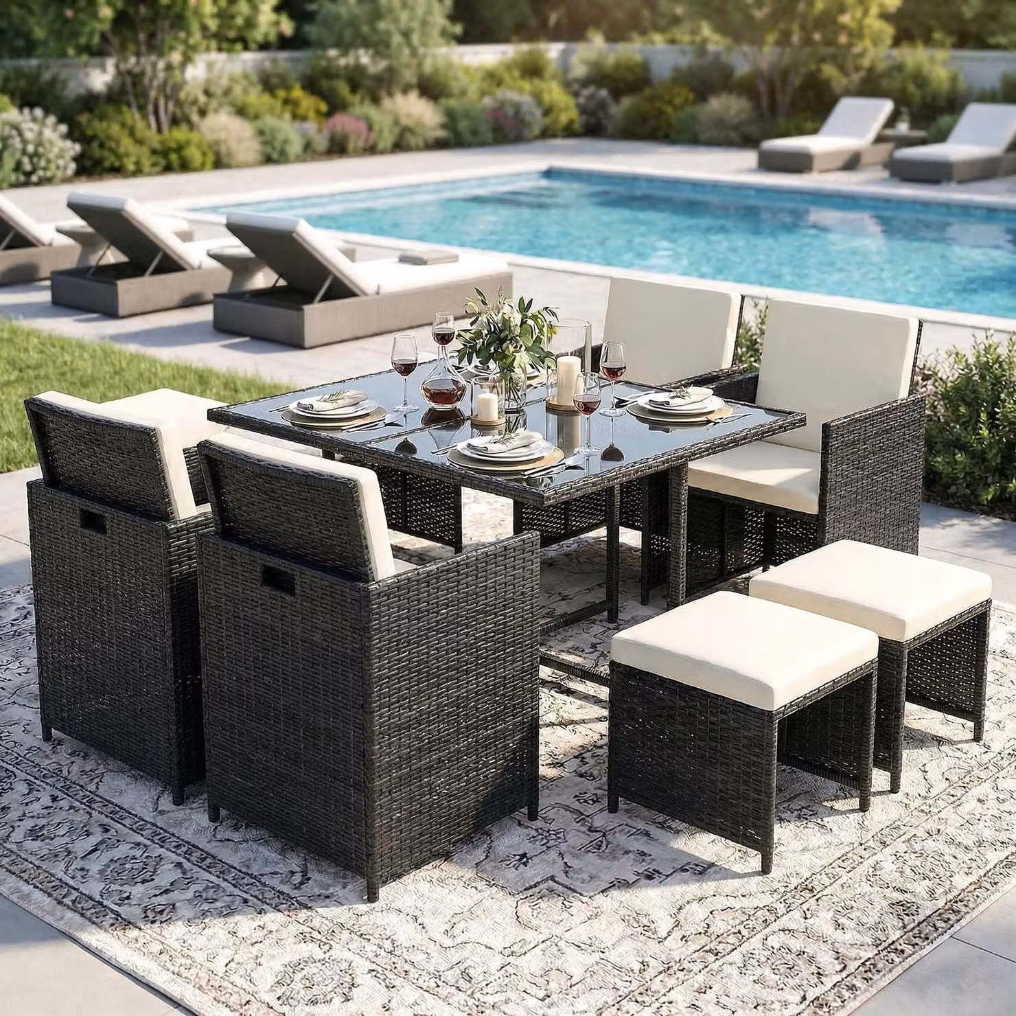 Gruppo di sedute in poly rattan tavolo da pranzo salotto set da giardino 9 pezzi 1x tavolo + 4x sedie + 4x sgabelli - nero