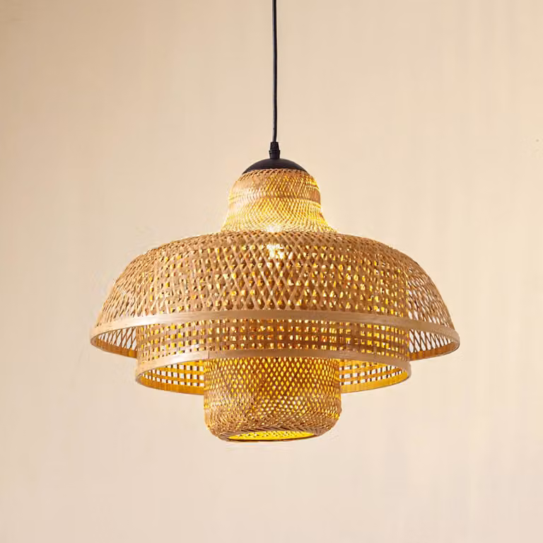 Lampada a sospensione Rasmina Lucande, dimmerabile, Legno chiaro, Soggiorno / Sala da pranzo, bambù, Campagna / Rustiche, Lampada a sospensione