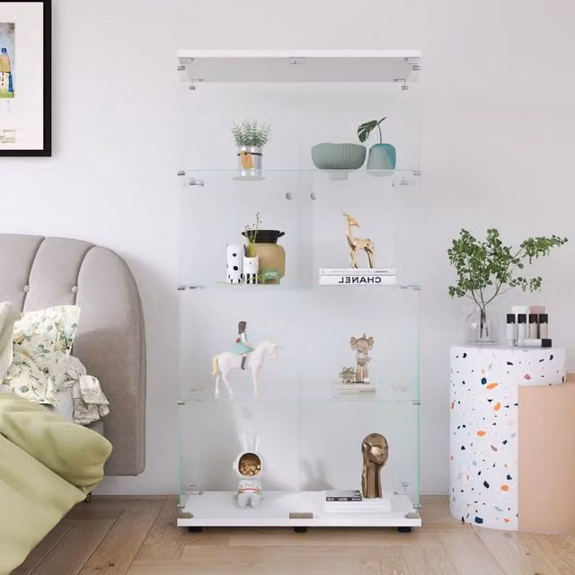 Vetrinetta in Vetro,Vetrina Soggiorno Moderna con 4 Ripiani in Vetro con 2Porta e Serratura,Vetrine per Collezionismo,(Bianco+Nessun LED, 164x80.5×36.5cm)