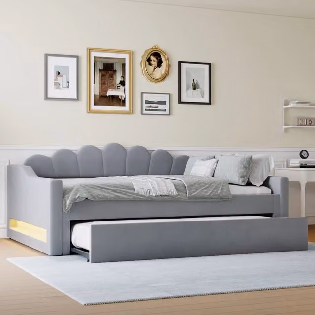 Letto da giorno imbottito 140 x 200 cm con striscia LED e letto estraibile - Grigio