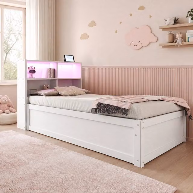 Letto singolo multifunzione ULEVR 90x200 cm con contenitore idraulico, LED e presa multifunzione, bianco
