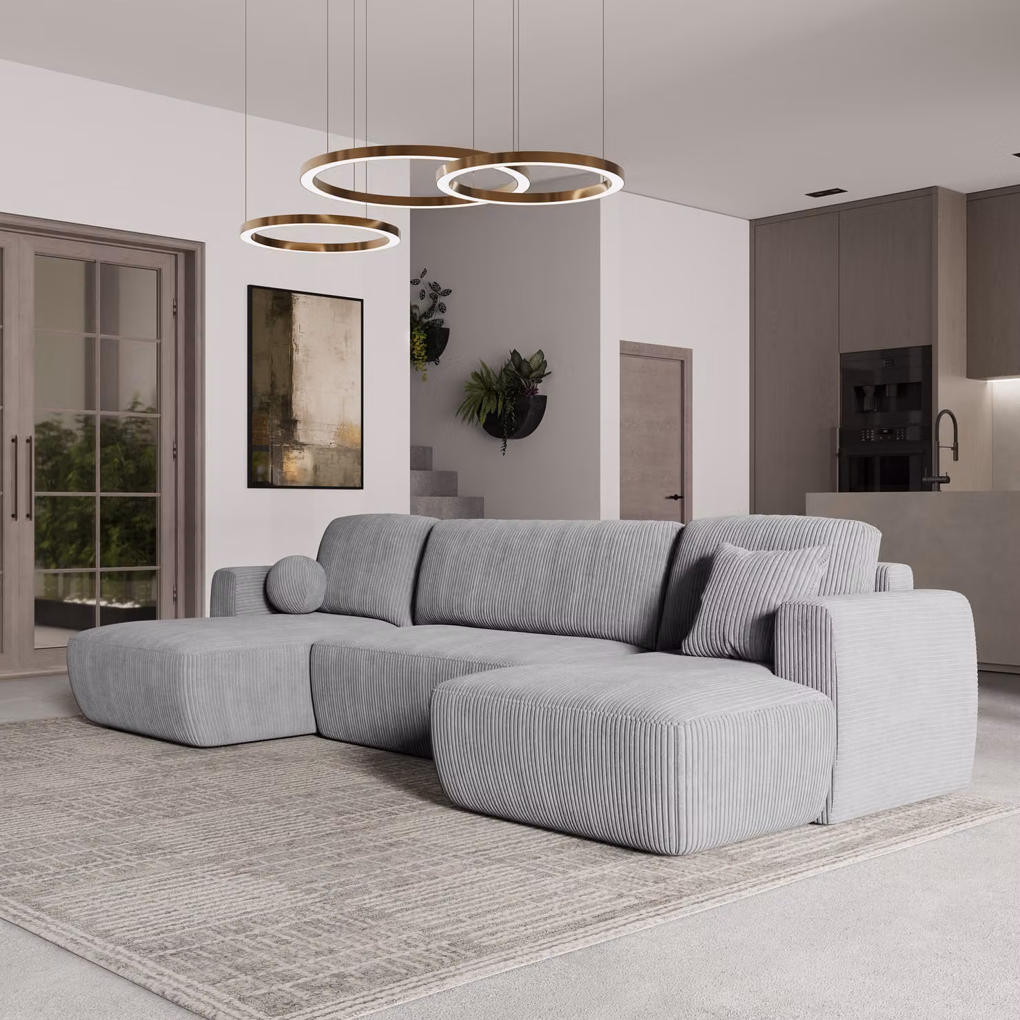 Divano angolare SENTUM P di Masseno con funzione letto a U, divano con box letto, divano da soggiorno, divano, divano letto, set di divani - grigio chiaro, POSO 55