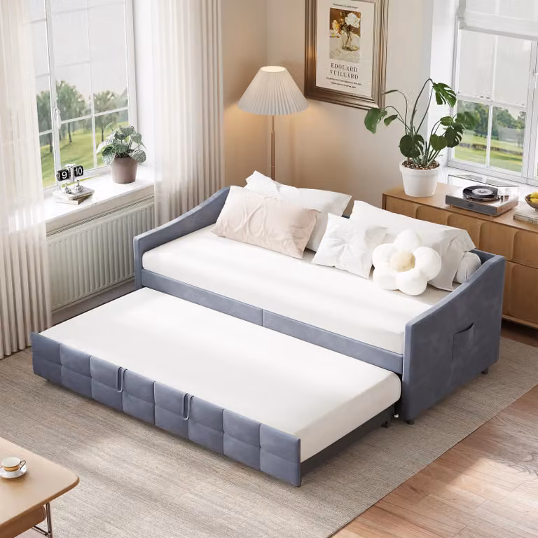 Divano letto Fortuna Lai, velluto, grigio, 90x200cm/90x200cm, con rete a doghe e braccioli, moderno, max. 300 kg, 45 kg