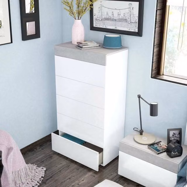 Cassettiera Armo DMORA con 5 cassetti per camera da letto, design moderno, Bianco opaco, L: 61 cm, P: 40 cm, H: 118 cm – 1