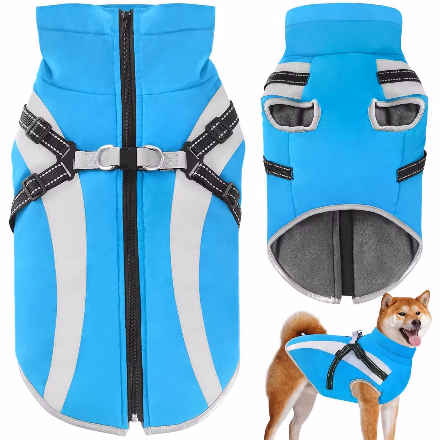 Cappotto impermeabile per cani con imbracatura, ideale per l'inverno, caldo, antivento, colore blu, taglia 5XL