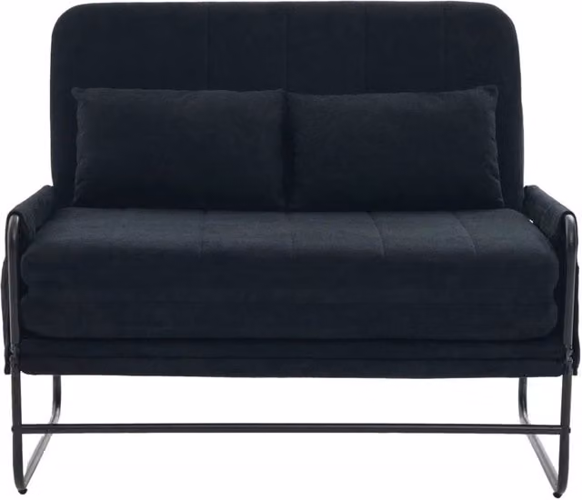 Divano letto doppio pieghevole con struttura in metallo e rivestimento in ciniglia nero, con tasche laterali e cuscino lombare, 104x85x92 cm