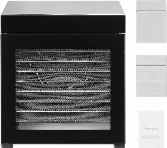 Essiccatore Alimentare MERKLOOS da 1000W con 10 Piatti in Acciaio Inossidabile, Regolazione Temperatura e Timer Digitale a 24 Ore, Colore Nero e Argento