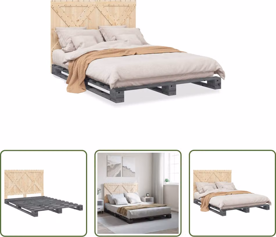 The Living Store Letto in legno massiccio con testiera grigio 140x200 cm pino