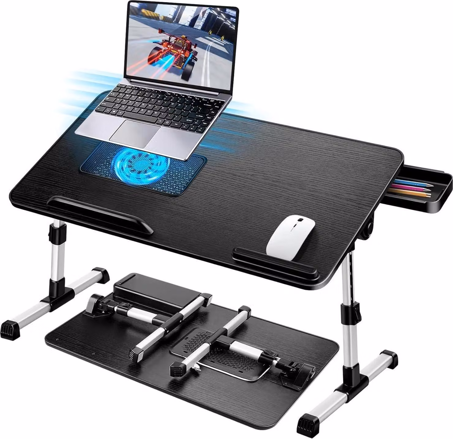 Tavolo per laptop per letto Regolabile in altezza Regolabile in angolazione Pieghevole con borsa termica per laptop Nero 60 x 34 cm