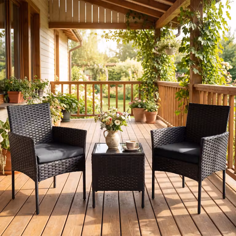 Set mobili da giardino Outsunny in rattan nero composto da 2 poltrone e tavolino con vetro temperato per esterno, patio e balcone