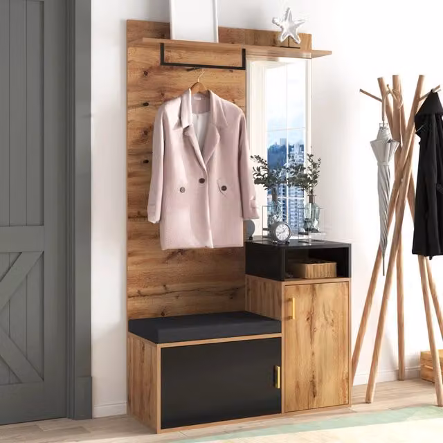 Set ingresso moderno WISHDOR con scarpiera, specchio, panca e 4 ganci, colore nero e legno, L: 191.5 cm, H: 105 cm, P: 40 cm