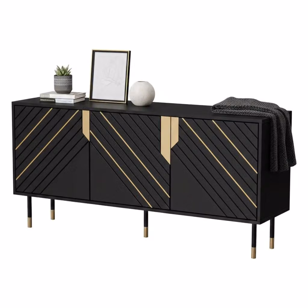 Madia da salotto DMORA Cossogno con ante geometriche, Nero e Oro, L: 154 cm, P: 40 cm, H: 72 cm – 2