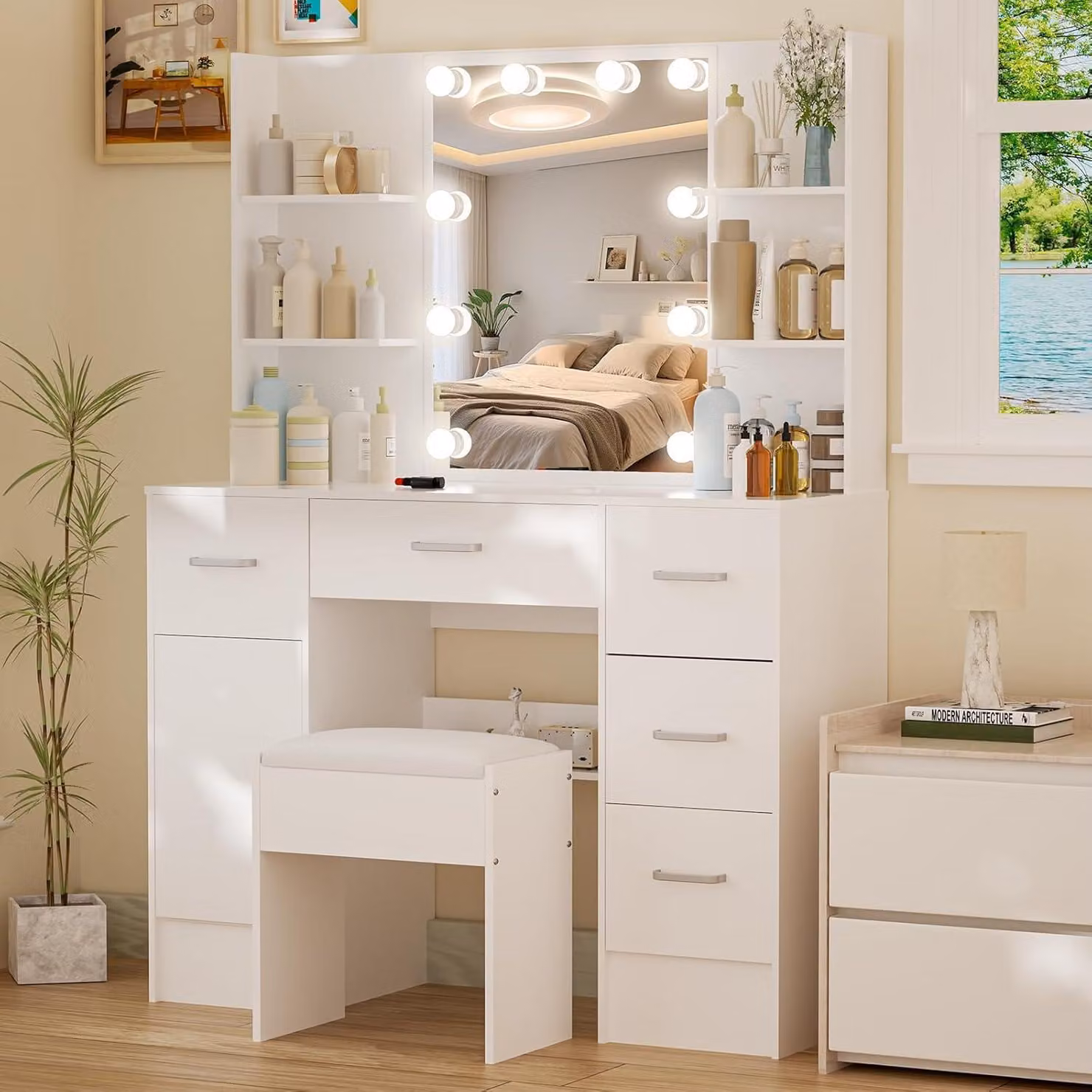 Tavolino da toilette Puselo con illuminazione LED, specchio, sgabello, 6 cassetti - MDF 100x40x140cm