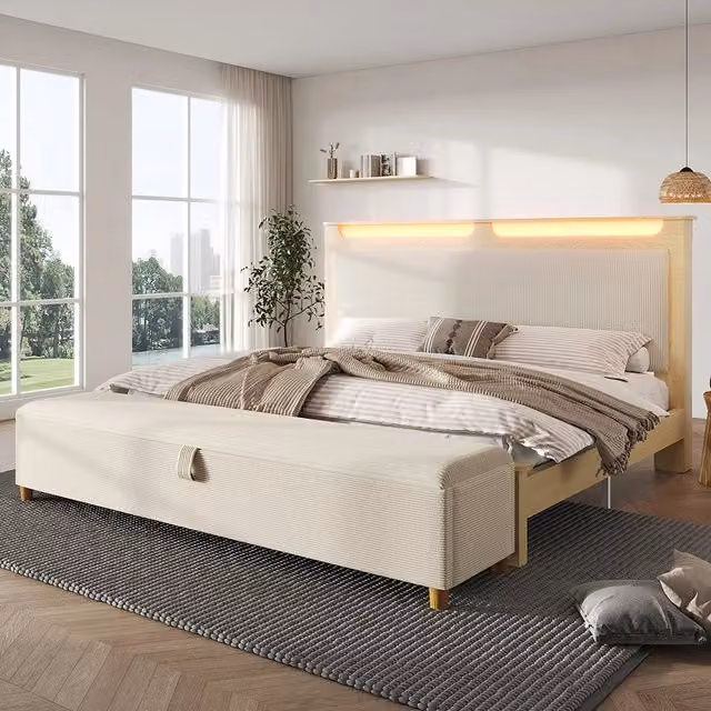 Letto matrimoniale-Xylo-180x200 cm-con banquette, LED, velluto beige, quercia chiaro