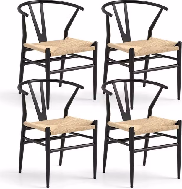 Sedie da pranzo impilabili Design Mania con schienale a forma di Y e seduta in rattan intrecciato, stile mid-century, colore beige e nero
