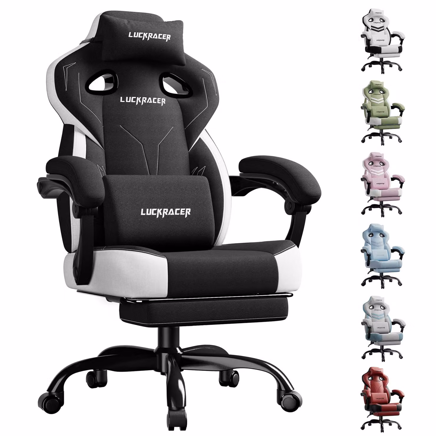 LUCKRACER sedia da gioco, sedia da ufficio con braccioli collegati, cuscino in memory foam, angolo di inclinazione di 90-155° e poggiapiedi, tessuto funzionale e resistente