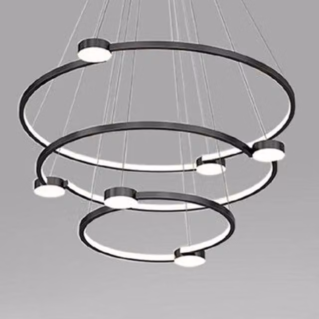 Trade Shop Lampadario a Sospensione LED Moderno con 3 Cerchi e Telecomando, Nero, 96W – 1