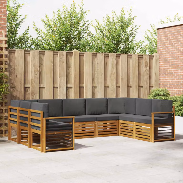 vidaXL Set di divani da esterno a L in legno di acacia con cuscini, Beige e Antracite