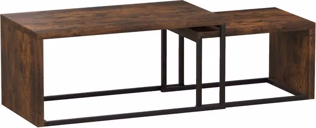 Set di 2 Tavolini da Salotto in MDF con Base in Metallo Nero e Piano Marrone, Dimensioni Compatte