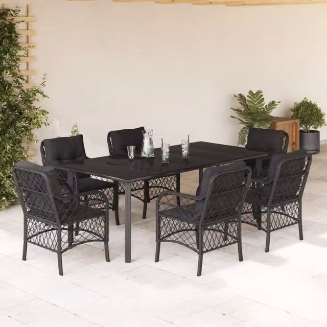 Set da Pranzo da Giardino vidaXL in Polyrattan Nero con Tavolo in Vetro e 7 Sedute