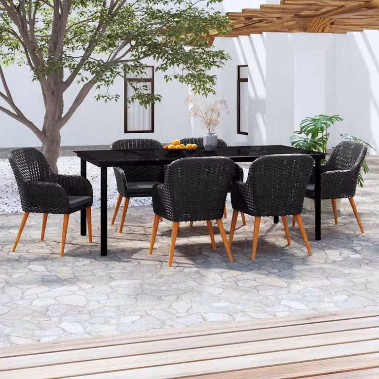 Set da pranzo da giardino vidaXL in rattan e legno di acacia con cuscini, 7 pezzi, nero e grigio