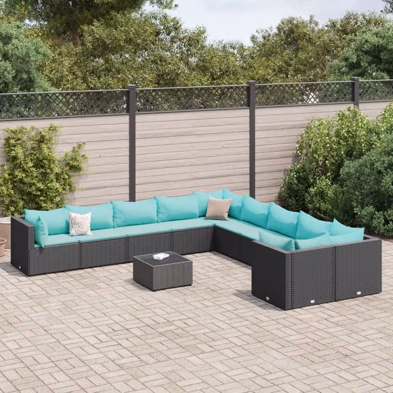 Set Divani da Giardino vidaXL 11 pz a Forma a U con Cuscini e Tavolino, Polyrattan Nero e Struttura in Acciaio Verniciato a Polvere