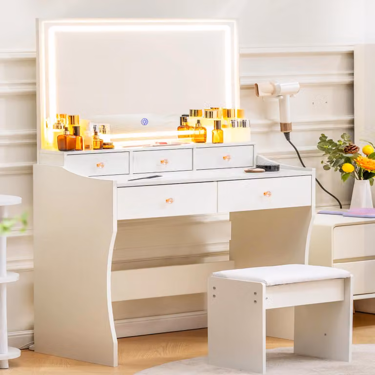 Comodino con specchio e LED, 5 cassetti, 80 x 40 x 135 cm con prese per sgabello+illuminazione LED regolabile, bianco