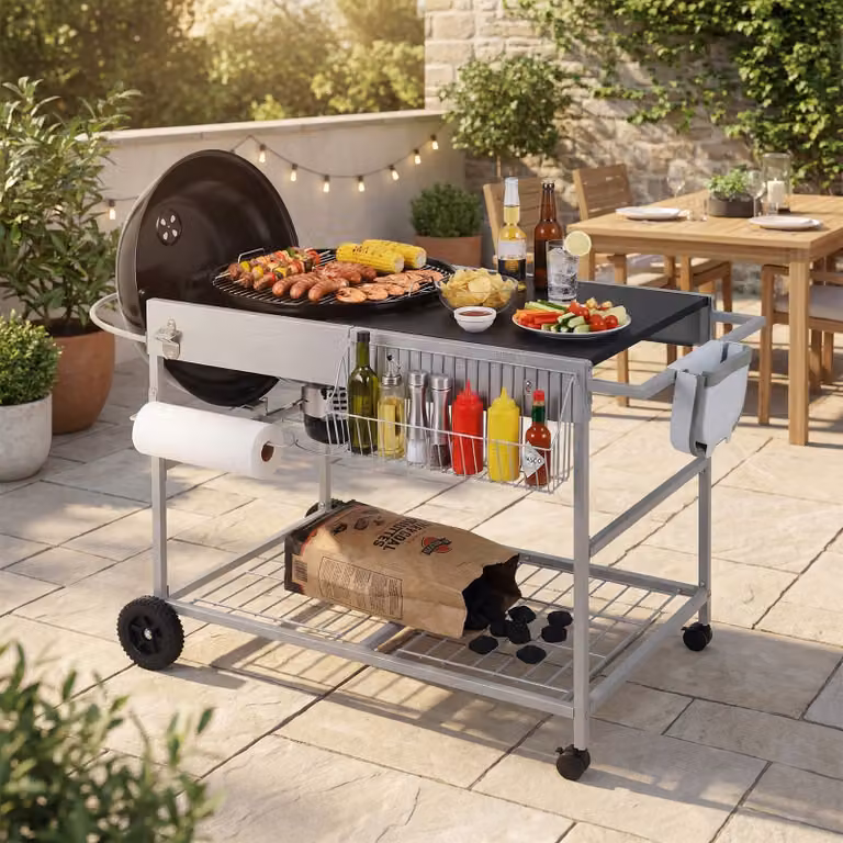 Carrello da cucina per barbecue Costway in acciaio nero con piano a rete e porta spezie per barbecue da 18-22 pollici