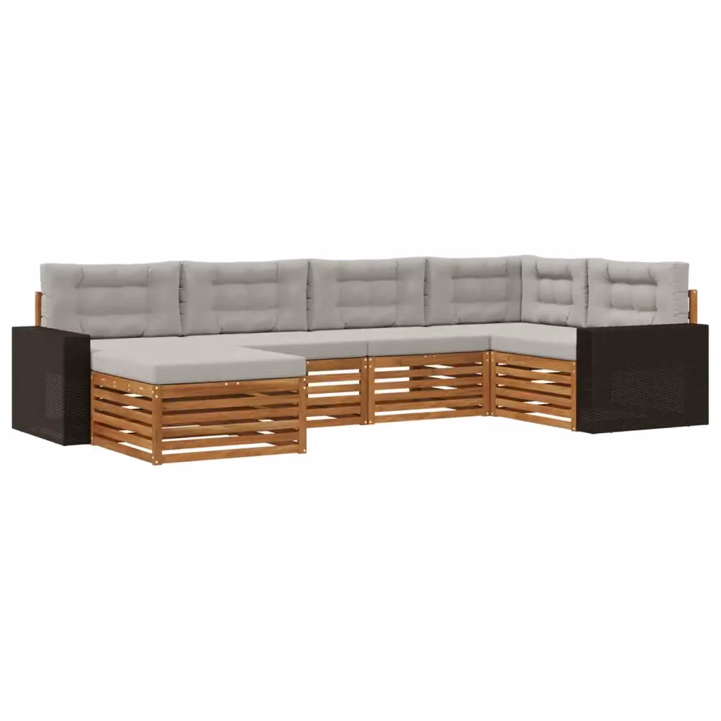 Set di divani da esterno a L vidaXL in legno di acacia con cuscini beige e grigi, composto da 6 pezzi con ottoman incluso – 2