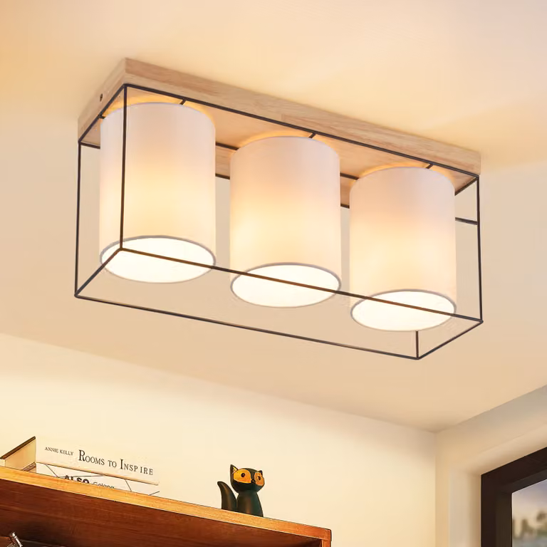 ZMH lampada da soffitto soggiorno plafoniera legno 3 fiamme E14 lampada da soggiorno con paralume in tessuto lampada da sala da pranzo industriale retrò (senza lampadina)
