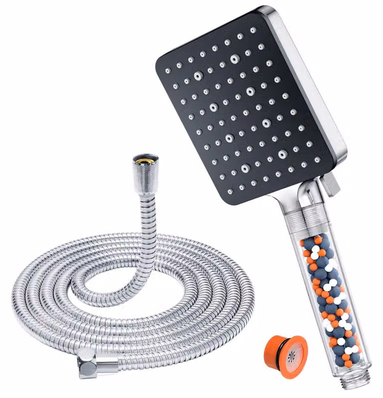 Testina doccia e tubo flessibile da 1,6 metri, testina doccia quadrata ad alta pressione con 6 tipi di getto, filtro per l'acqua, per il bagno