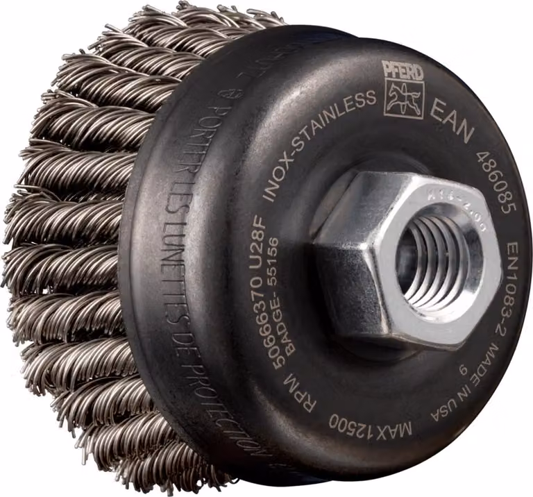 PFERD TOOLS POS Spazzola a tazza a 2 file annodate TBG HD Ø 65 mm M14 filo di acciaio inox Ø 0,50 mm Smerigliatrice angolare